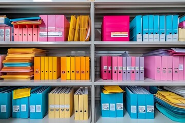 Well-organized office shelving with a variety of colorful folders and labels, neat arrangement