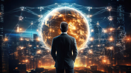 generated illustration of businessman holding a globe hologram in her hands. Global business concept.