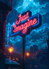 Neon Just Imagine Sign in Urban Night Rain with Lightning, Dramatic Cityscape, Surreal Dreamlike Scene, Vivid Colors, Mood of Fantasy and Inspiration, Concept of Creativity and Imagination
