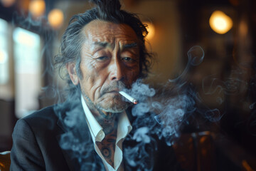Fototapeta premium A distinguished man with an intricate tattoo calmly smokes in a hazy room.