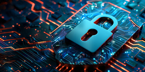 Cybersecurity concept with a glowing lock on a vivid circuit board background.