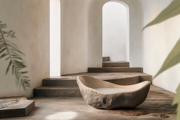 Room with a large stone podium, plants, and arched doorways