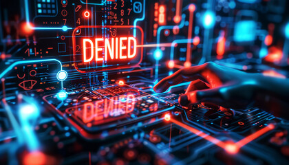 A digitized hand denied access, highlighted by a bold "DENIED" alert.