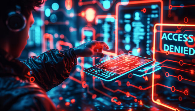 Person denied access, symbolized by red security screens and tech gear.