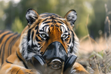 Fototapeta premium Gas-masked tiger in the forest, symbolizing the problem of pollution and the importance of nature