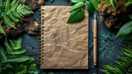 eco-friendly stationery set notebook made of recycled paper paired with a plant-based pen, adorned...