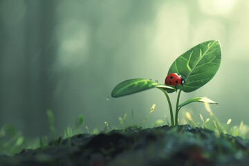A red ladybug is sitting on a leaf of a plant