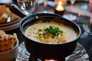 Savory cheese fondue served in a pot over a flame, garnished with fresh chives