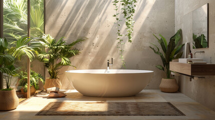 spa-inspired bathroom, sunlight pouring into a contemporary bathroom with a standalone tub and greenery, evoking a spa-like sanctuary right at home