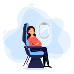 Pregnant woman travel by airplane in economy class. Vector flat cartoon illustration. Young mother has business class flight. Journey during pregnancy concept.