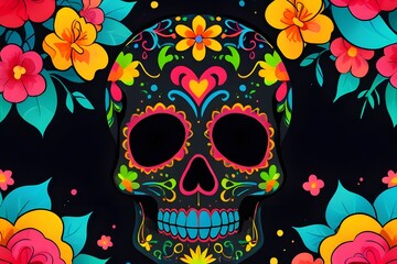 Beautiful colorful sugar skull with flowers on black background. Generative AI
