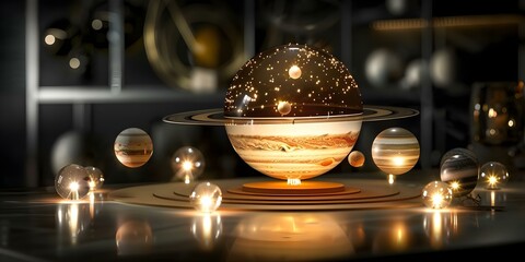 Miniature solar system model with planets illuminated by individual lights in dark room. Concept Solar System, Miniature Model, Illuminated Planets, Dark Room, Educational Display