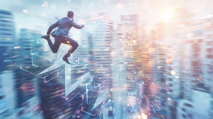 Businessman running and jumping on the arrow of growth with a city background, Concept business technology definition stock photo contest winner, 