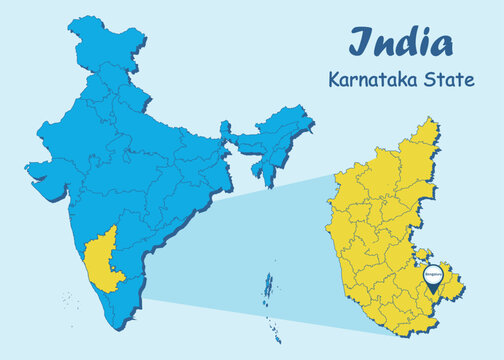 Karnataka locator map showing District and its capital. Karnataka India vector map illustration. Karnataka District vector map illustration. Karnataka state political outline. India Map.
