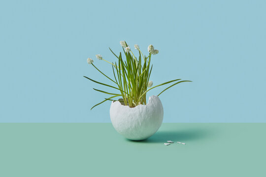 Spring flowers growing out diy paper mache egg bowl