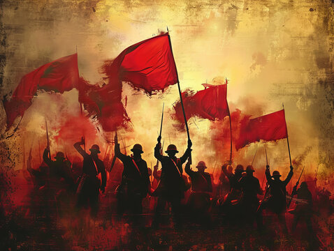 A group of soldiers are holding red flags and guns