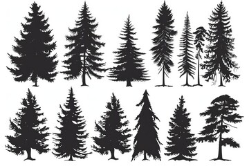 Fototapeta premium silhouettes of evergreen trees isolated on white background winter forest set vector illustration