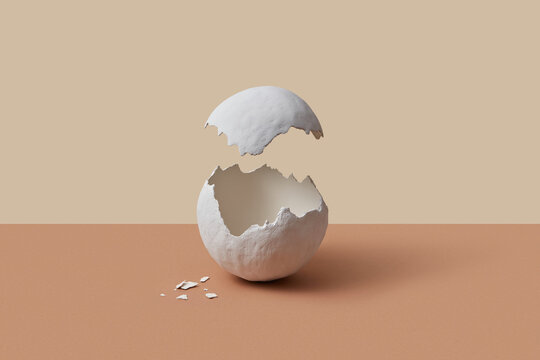 Halved gypsum egg shell floating over studio background