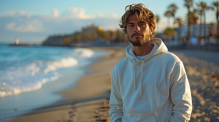 This hyper-realistic product imagery features a Spanish man wearing a white regular-fit hoodie and ripped grey jeans, standing at a beautiful beach promenade in Spain