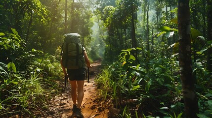 Hiker with backpack walking on the trail in the tropical rainforest