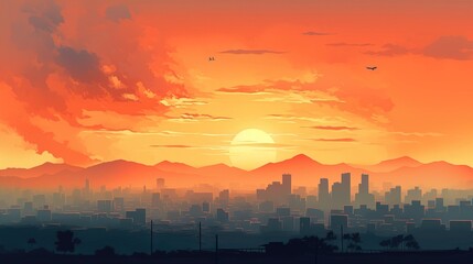 Smog and fine dust city in the morning with orange sunrise sky. Cityscape 