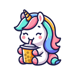 cute unicorn drinking boba icon character cartoon