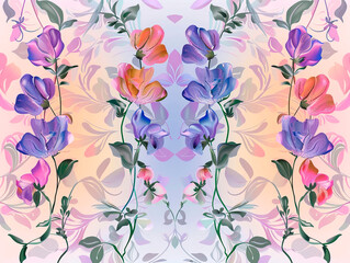 beautiful sweet pea flowers against blue sky beautiful and mysterious sweet pea, patterns in classic colors, vibrant, elegant, mystical background, light mist, detailed