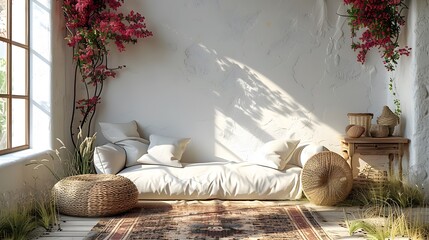 a mockup of an empty white wall in a welcoming entryway adorned with wicker accents and a rustic stand, inviting viewers to envision their personal touch