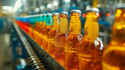 A row of beer bottles are being made in a factory - Powered by Adobe