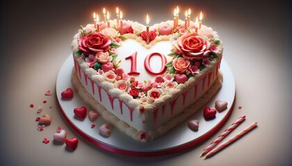  Heart Shaped Cake With Happy 10th Birthday Message Surrounded By Roses Candles And Decorative Hearts On A Table