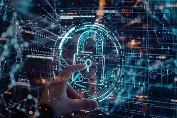 Fototapeta premium Innovative cloud security with data protection and secure cloud integration, illustrated with vibrant blue and purple elements and a tech themed design