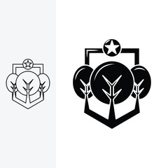 three trees logo with shield. monoline style and silhouette stylish.