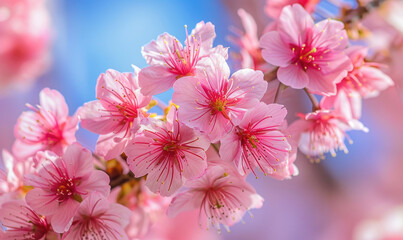Delicate pink cherry blossoms in full bloom under a clear blue sky. Generate AI