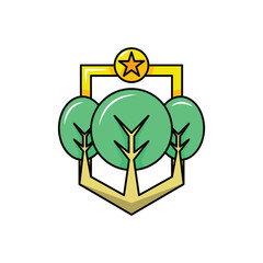 three trees logo with shield. solid color style.