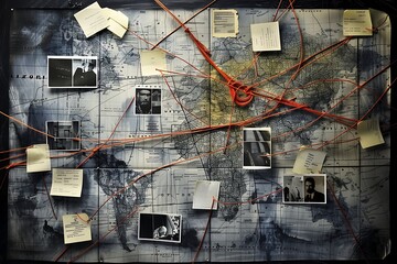 An intricate detective investigation board with maps, photos, red strings, notes, and pins
