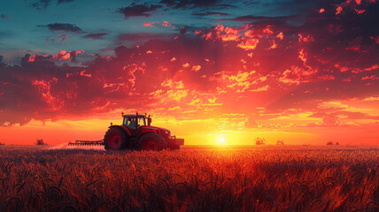 Fototapeta premium Irrigation tractor at sunset, showcasing tech role in modern agriculture and food sustainability,generative ai
