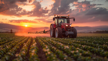Obraz premium Irrigation tractor at sunset, showcasing tech role in modern agriculture and food sustainability,generative ai