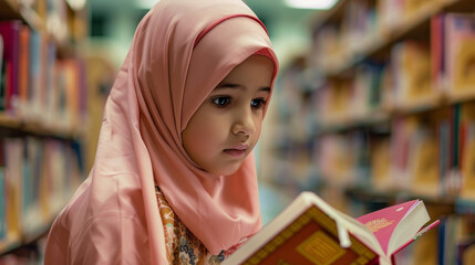 A young girl wearing a pink head scarf is reading a book in a library