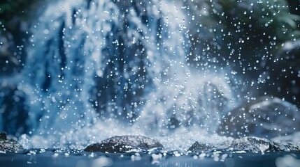 A scene of a waterfall, with a background of water particles and mist