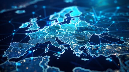 Europe is connected through communication technology to the global internet network. European connection lines for data transfer and communication. IoT, business, money, and security - Generative AI