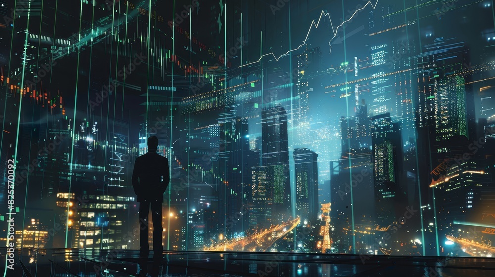 Poster a person viewing futuristic cityscape with holographic financial graphs and data projections, showca