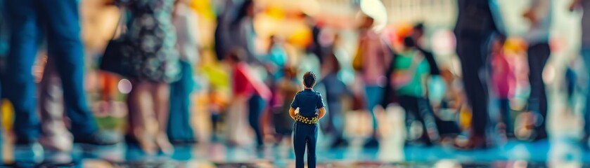 A miniature figure of a man stands alone in a busy, colorful crowd, highlighting themes of isolation and individualism in a lively urban setting.