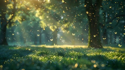 A serene forest glade at dawn, with a defocused background filled with tiny, shimmering particles -