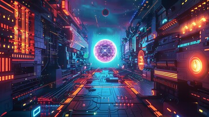 Futuristic cybernetic corridor with glowing orb, neon lights, and advanced technology, perfect for sci-fi themes and digital innovation.