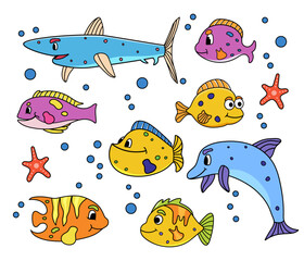 Set of characters in hand drawn style. Sea animals, fish, dolphin, sharks, bubbles, starfish. Vector illustration. Isolated. Set of stickers pack. Undersea world. Day of the ocean and sea.