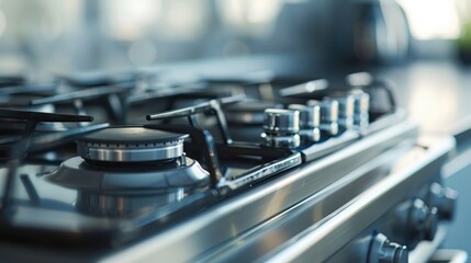 close up of modern stainless steel gas stove in kitchen, blurred background,
