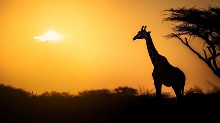Silhouette of giraffe on sunset sky.