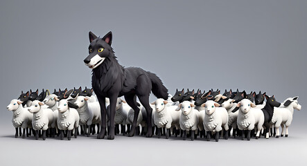A black wolf among a flock of white sheep, raising head, Concept of standing out from the crowd, own identity, concept image
