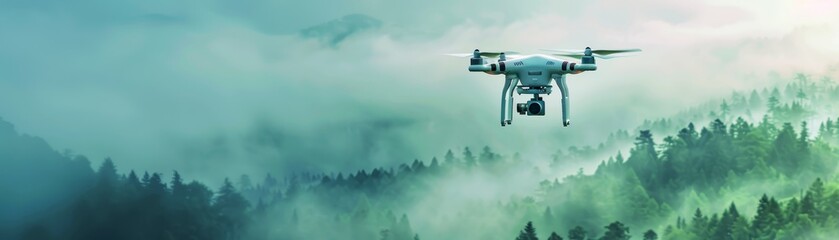 Naklejka premium Aerial drone flying over a misty forest landscape capturing stunning views. High technology drone for nature photography.