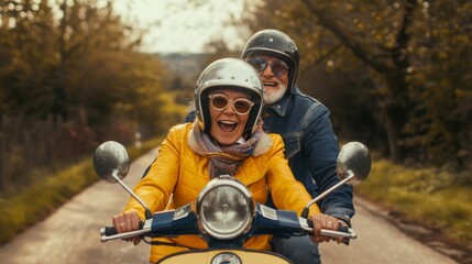 The joyful seniors riding scooter